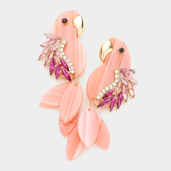 Pink Gold Parrot Bird Rhinestone Crystal Dangle Statement Earrings - Picture 1 of 3